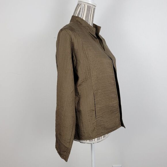 Eileen Fisher Small 100% Silk Olive Brown Textured Blazer With Pockets - Picture 3 of 6